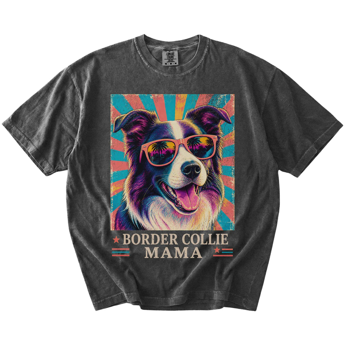 Retro Border Collie Mama design on a Pepper Comfort Colors T-shirt