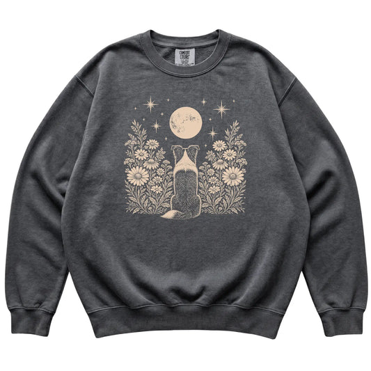 Border Collie Wildflower Moon sweatshirt in Pepper, flat lay view