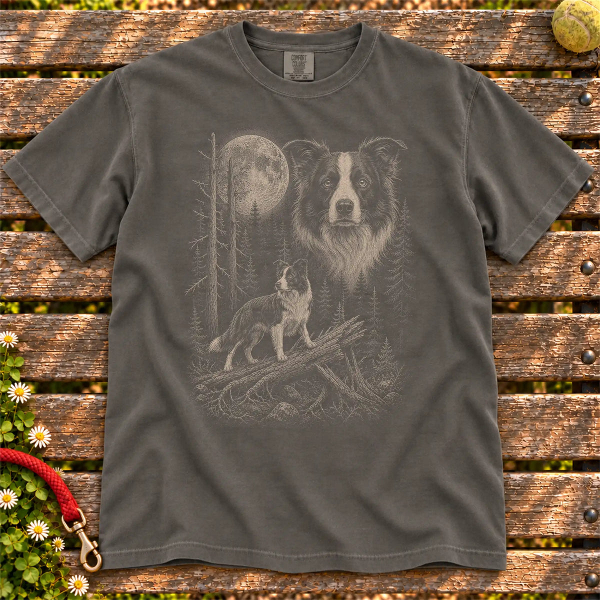 Border Collie Moonlit Forest design on a Pepper T-shirt shown flat