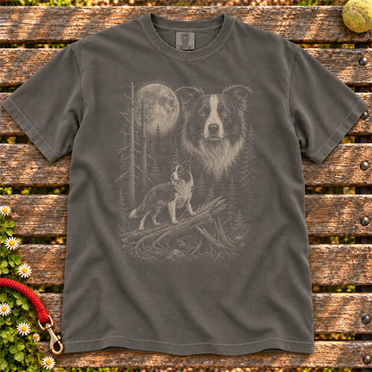 Border Collie Moonlit Forest design on a Pepper T-shirt shown flat