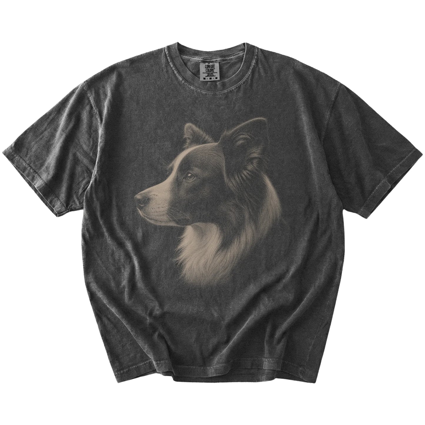 A detailed photographic portrait of a Border Collie on a Pepper Comfort Colors® T-shirt