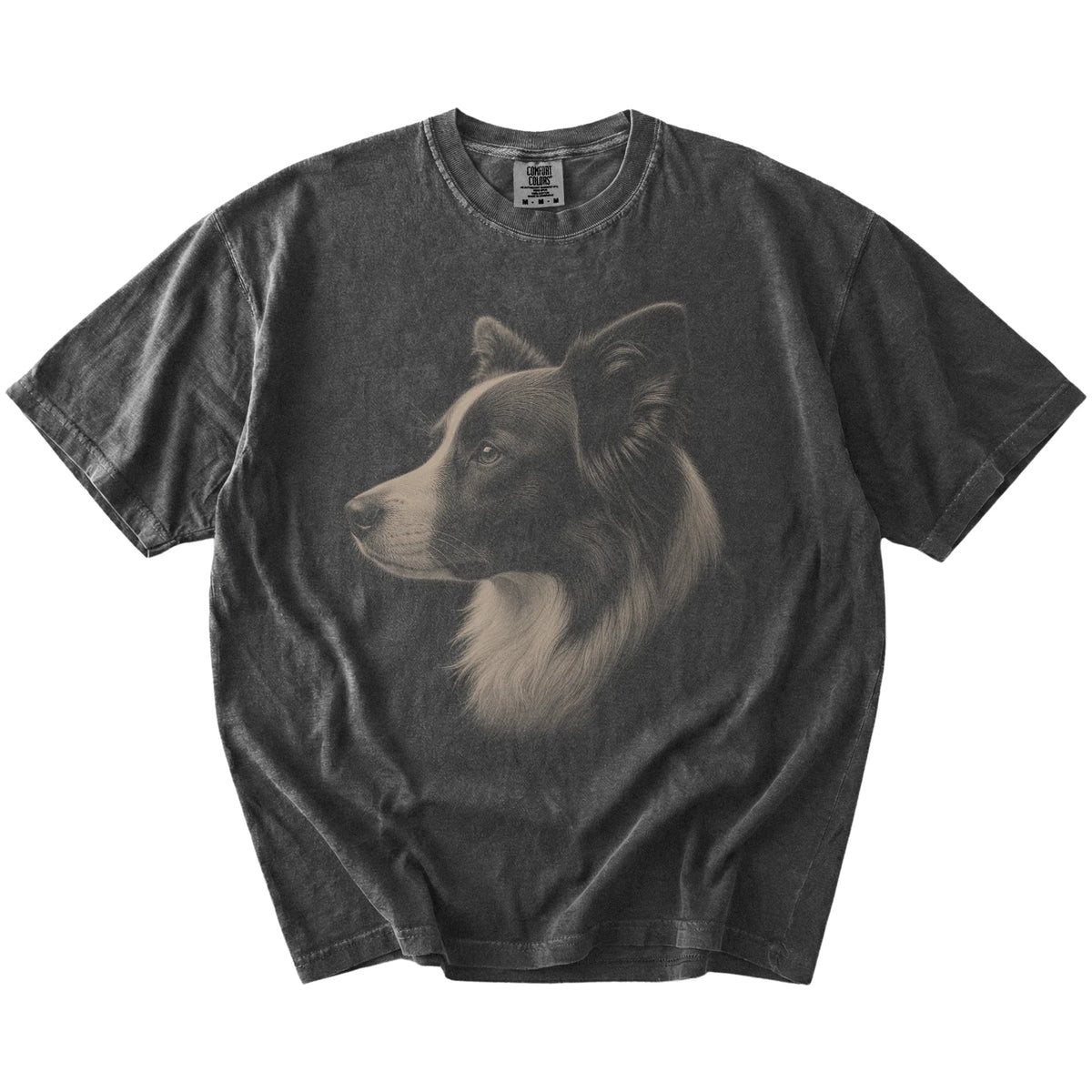 A detailed photographic portrait of a Border Collie on a Pepper Comfort Colors® T-shirt