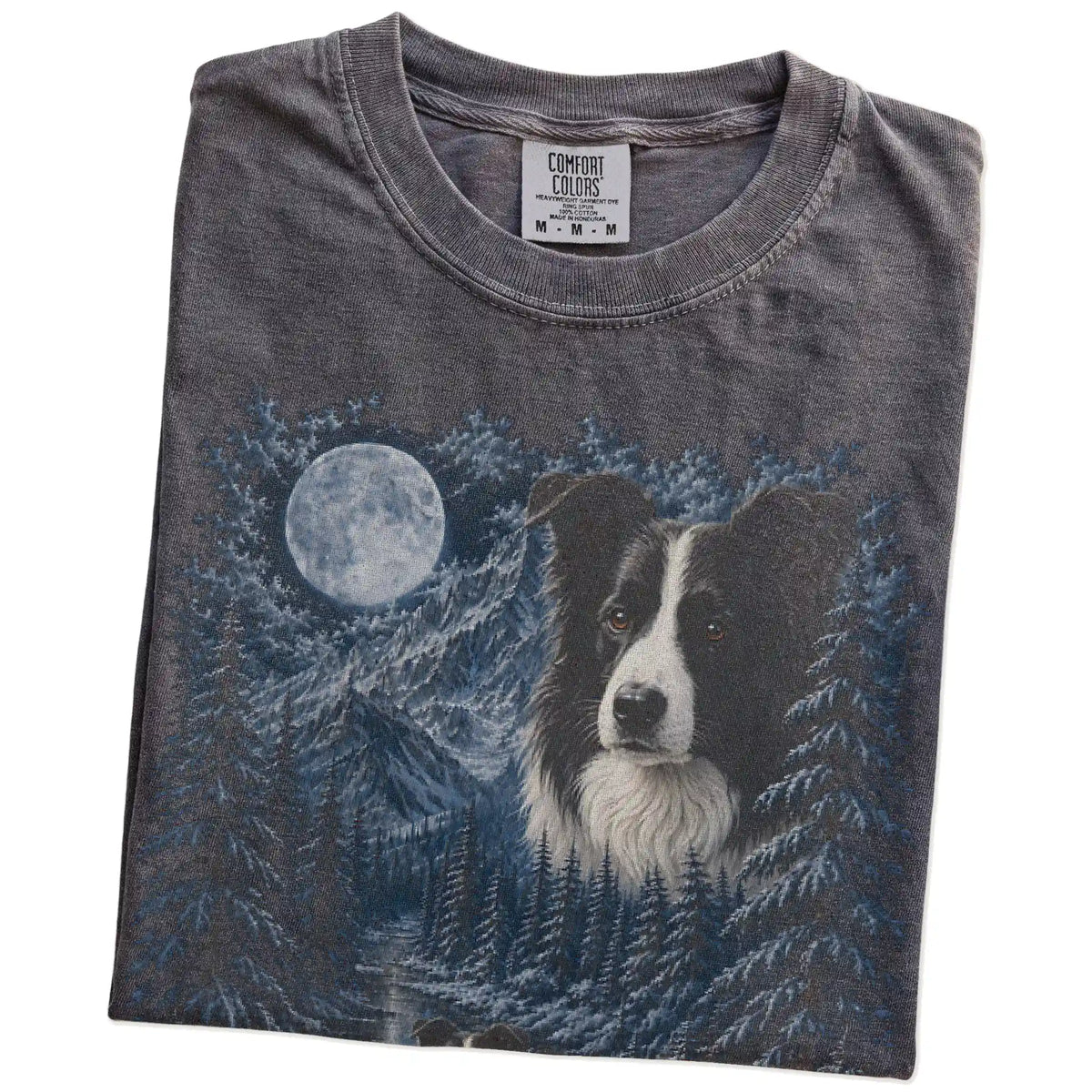 Folded pepper T-shirt with Border Collie Winter Moon artwork.