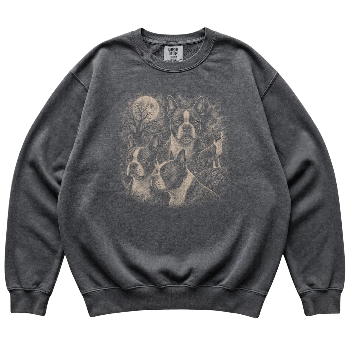 Boston Terrier 90s Moon Sweatshirt in Pepper — flat lay