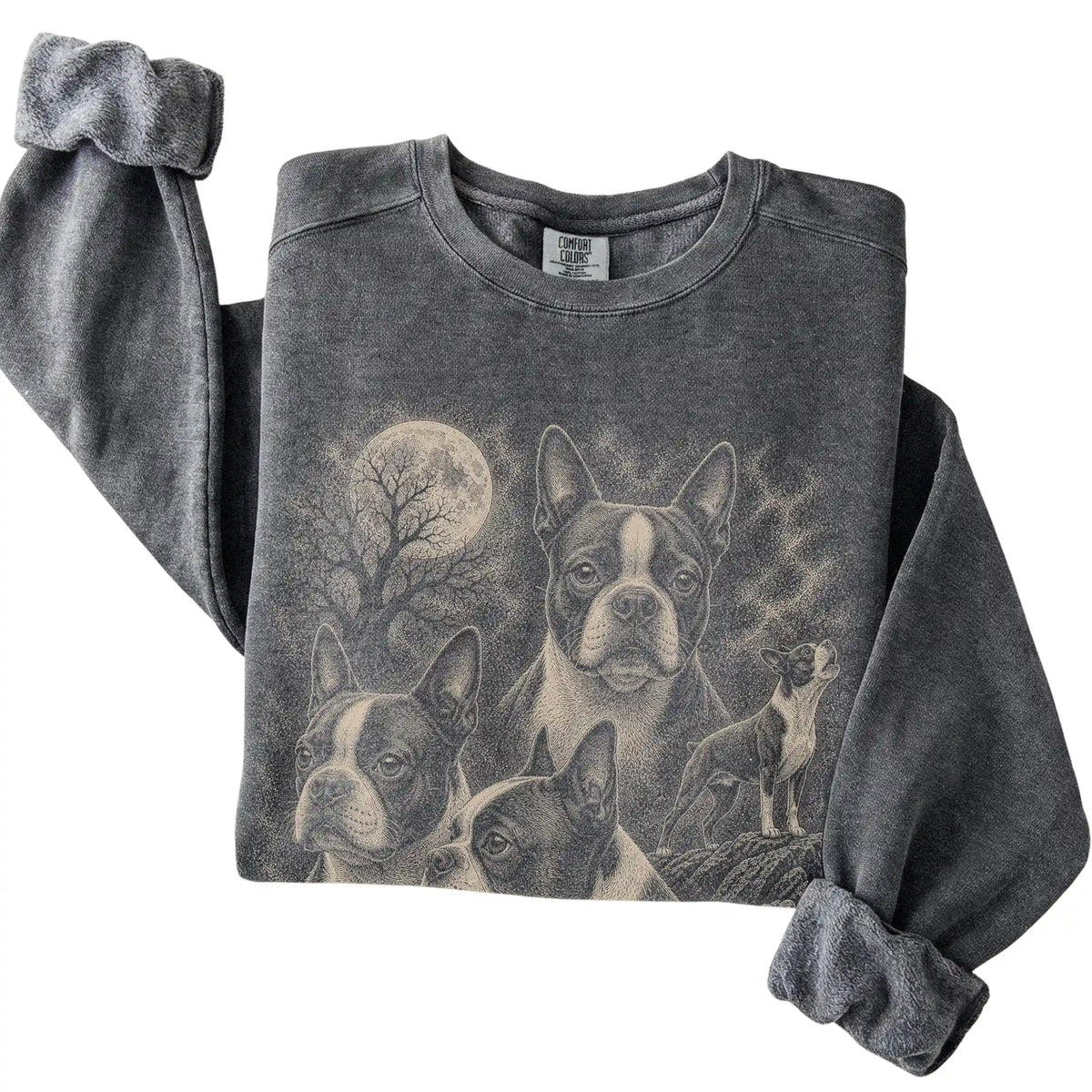 Pepper Comfort Colors sweatshirt featuring a Boston Terrier 1990s moon design