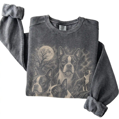 Pepper Comfort Colors sweatshirt featuring a Boston Terrier 1990s moon design