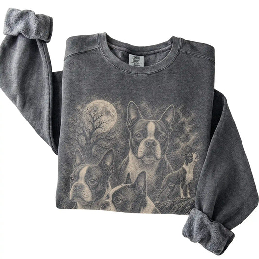 Pepper Comfort Colors sweatshirt featuring a Boston Terrier 1990s moon design