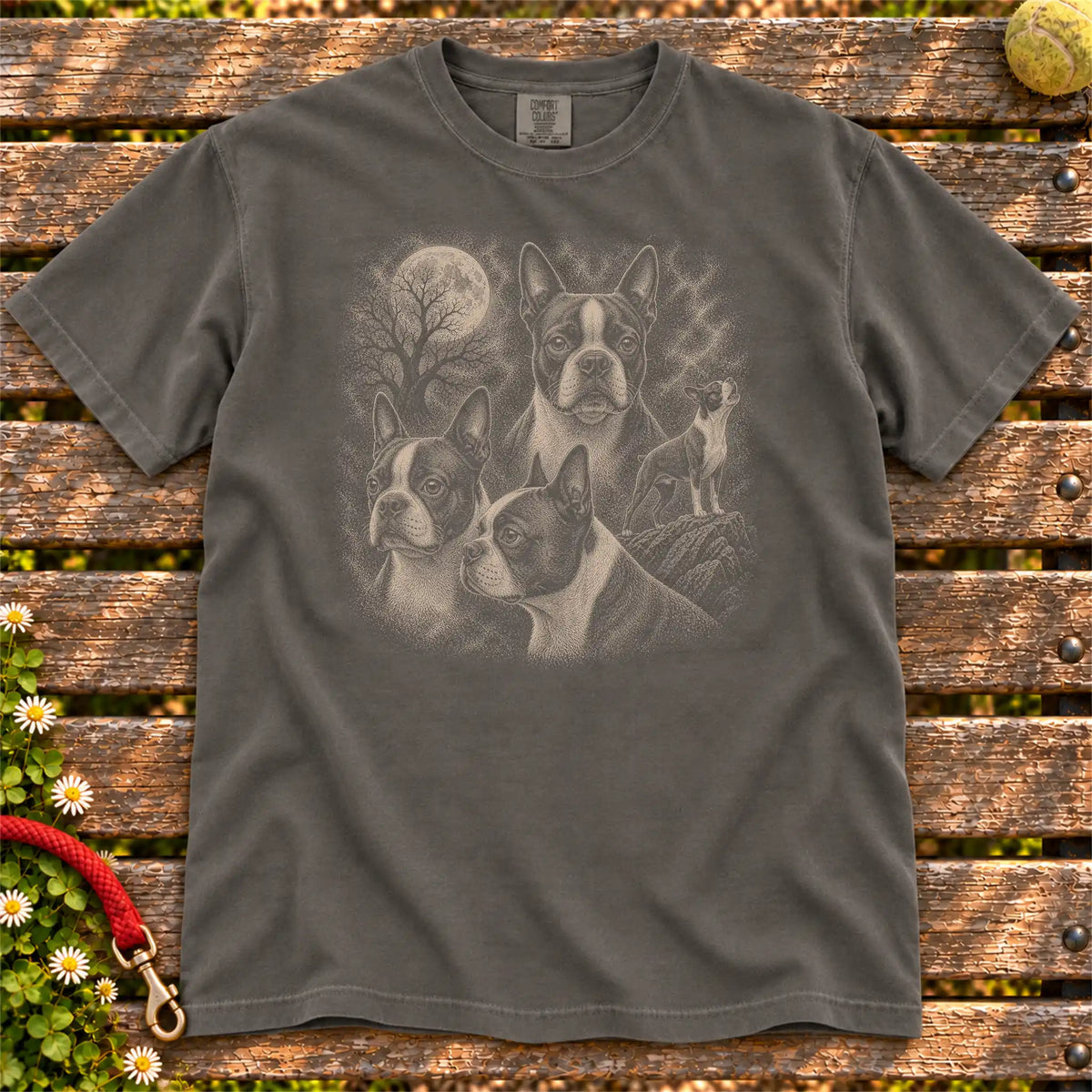 Boston Terrier 90s Moon design on a Pepper T-shirt shown flat