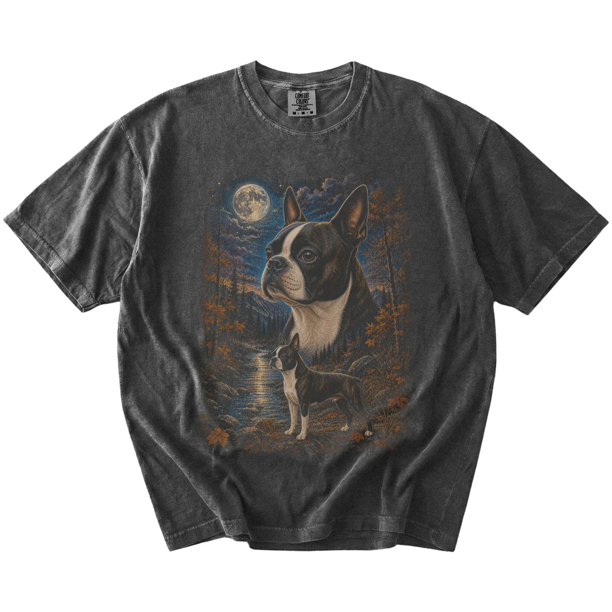 pepper T-shirt with Boston Terrier Autumn Moon artwork.