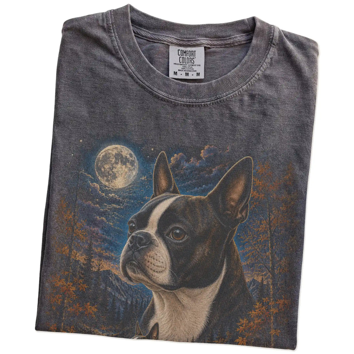 Folded pepper T-shirt with Boston Terrier Autumn Moon artwork.