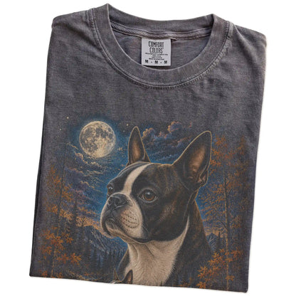 Folded pepper T-shirt with Boston Terrier Autumn Moon artwork.