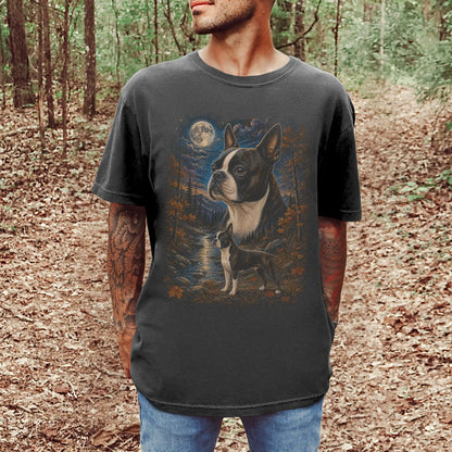 Model wearing a pepper T-shirt with Boston Terrier Autumn Moon artwork.