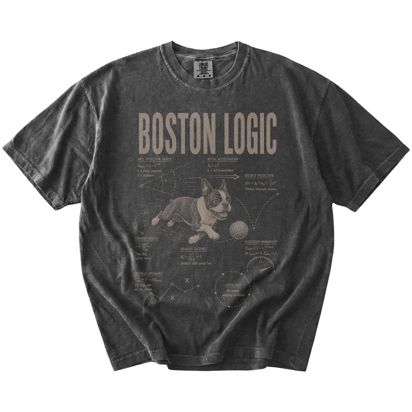 Pepper Boston Terrier Ball Logic T-Shirt laid flat
