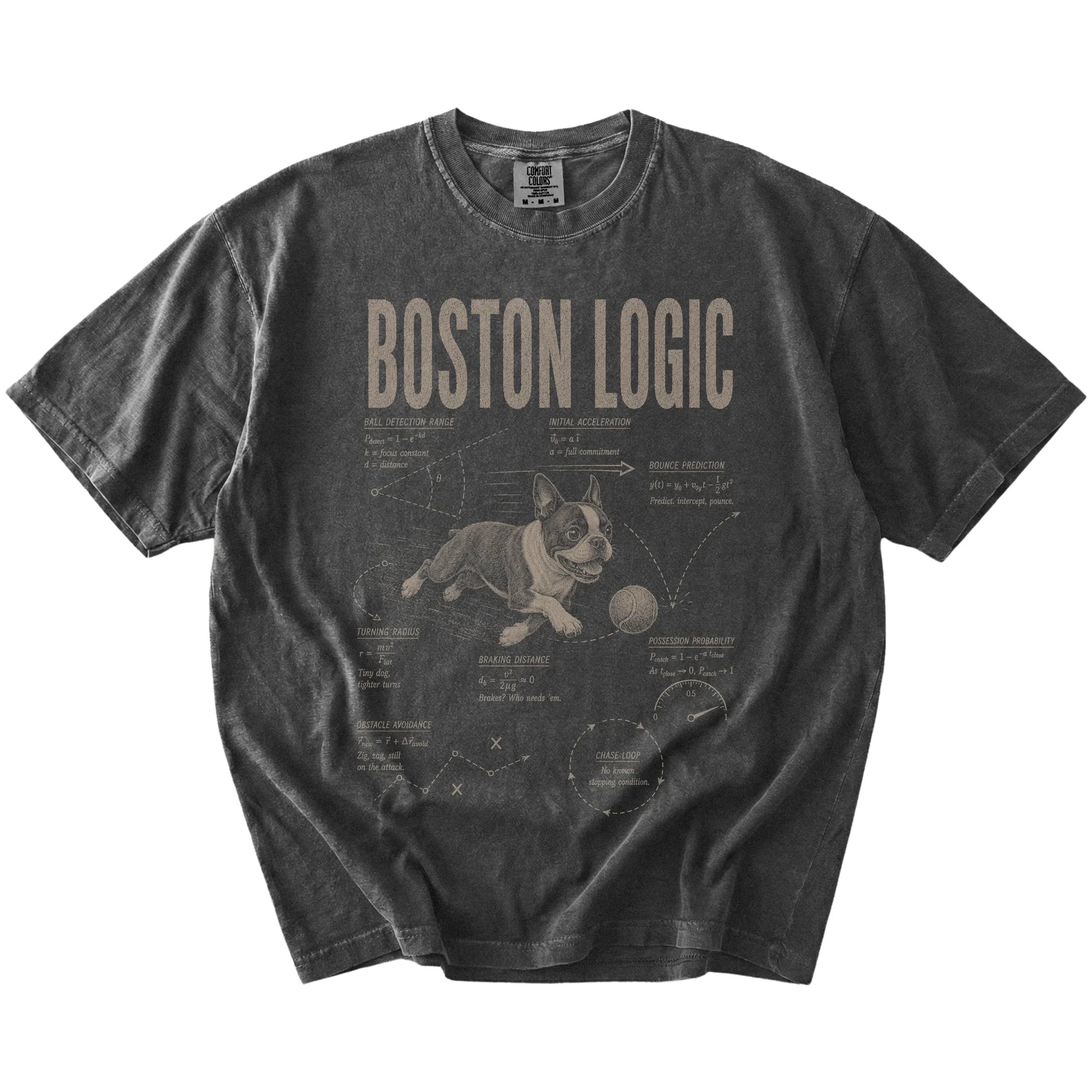 Pepper Boston Terrier Ball Logic T-Shirt laid flat