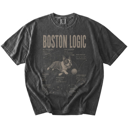 Pepper Boston Terrier Ball Logic T-Shirt laid flat