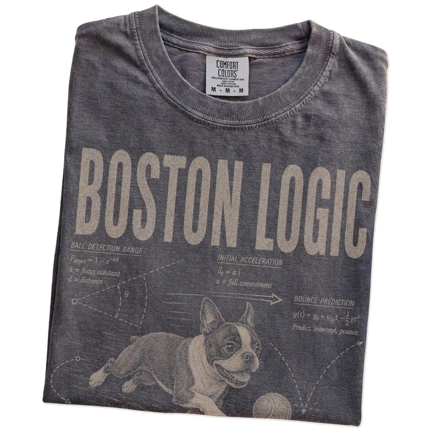 Folded Pepper Boston Terrier Ball Logic T-Shirt showing the graphic