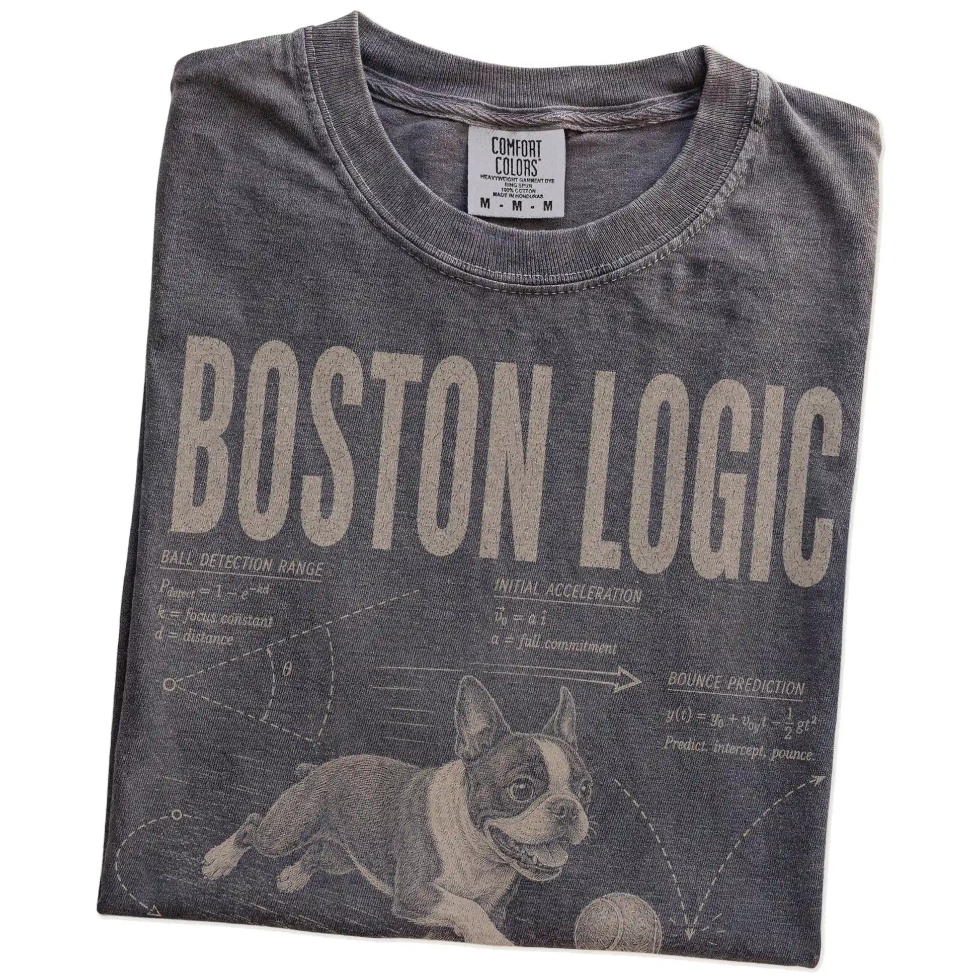 Folded Pepper Boston Terrier Ball Logic T-Shirt showing the graphic