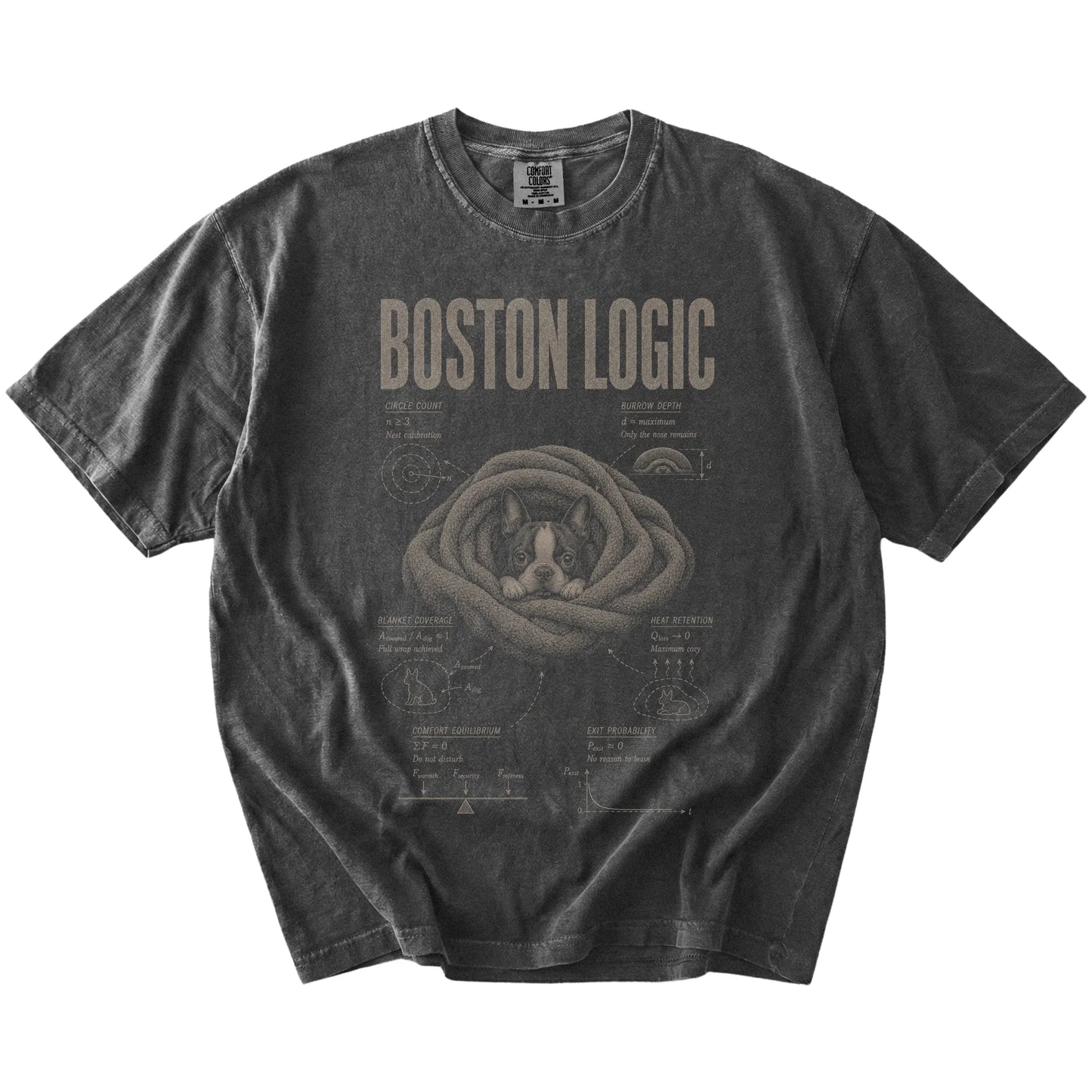 Pepper Boston Terrier Cuddle Logic T-Shirt laid flat
