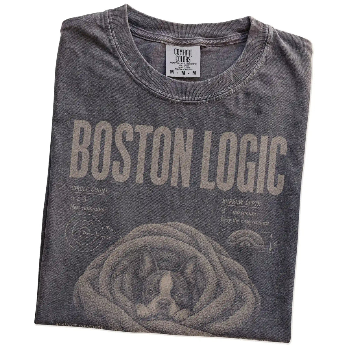 Folded Pepper Boston Terrier Cuddle Logic T-Shirt showing the graphic