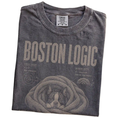 Folded Pepper Boston Terrier Cuddle Logic T-Shirt showing the graphic