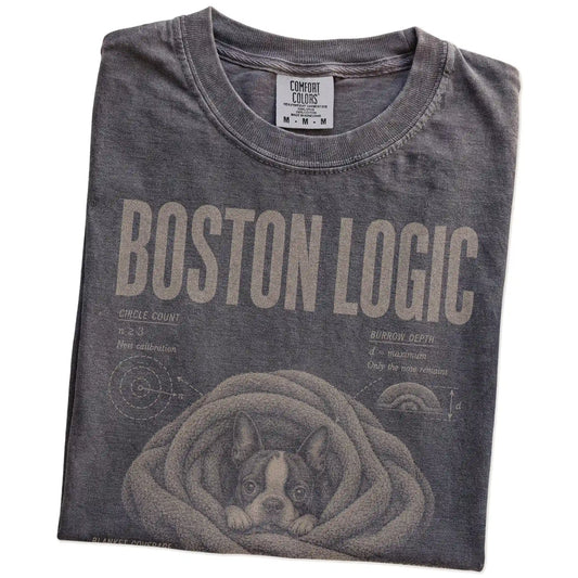 Folded Pepper Boston Terrier Cuddle Logic T-Shirt showing the graphic