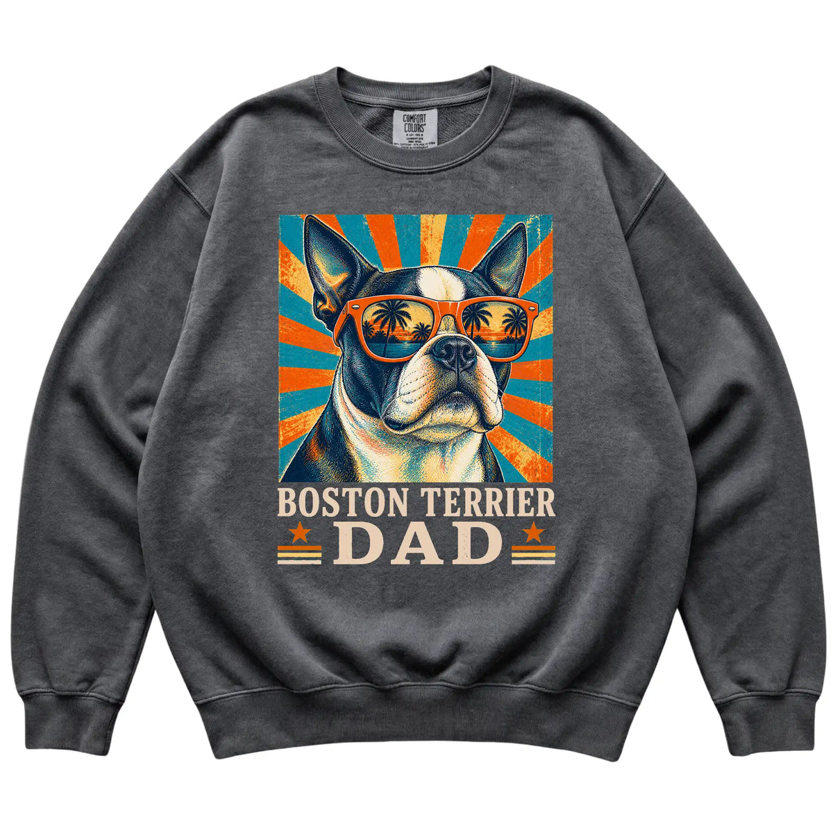Retro Boston Terrier Dad design on a Pepper Comfort Colors sweatshirt