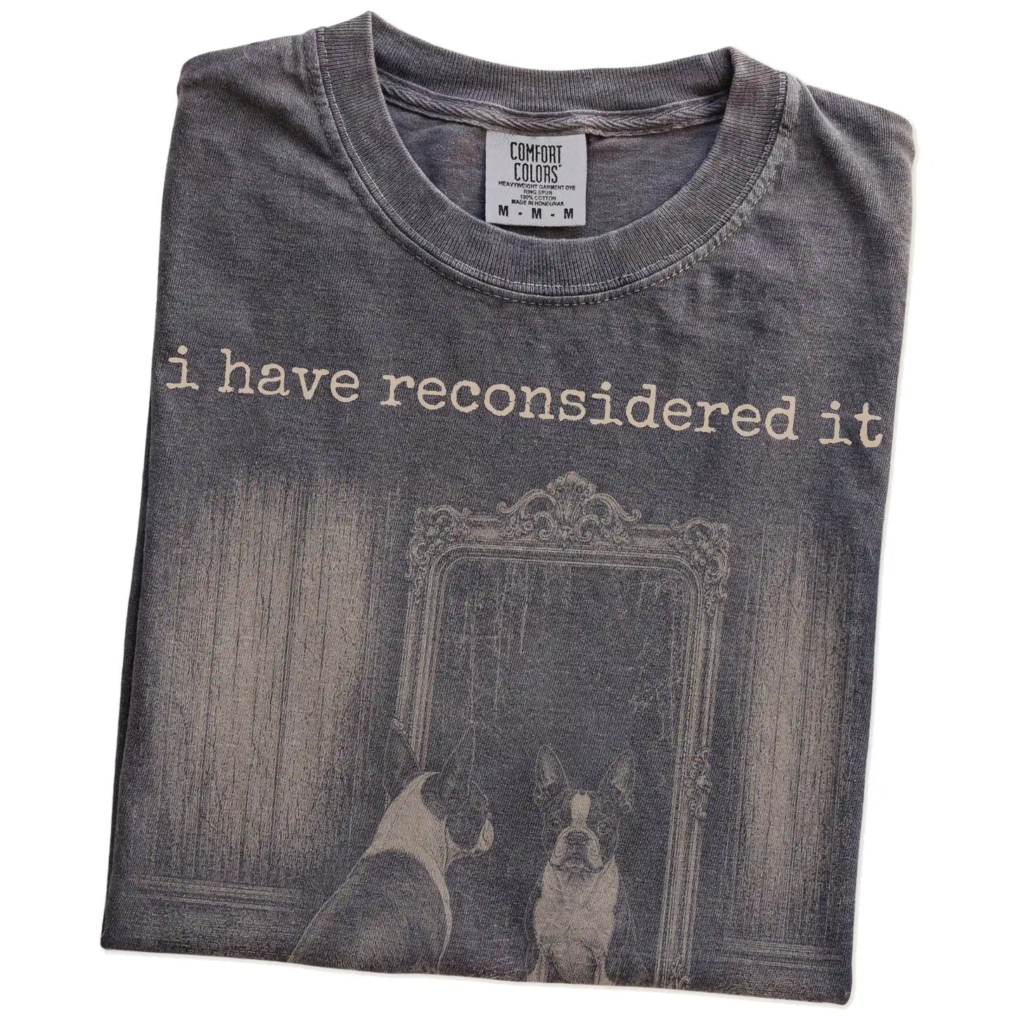 Folded Pepper Comfort Colors® T-shirt showing “the answer is still no” boston terrier design