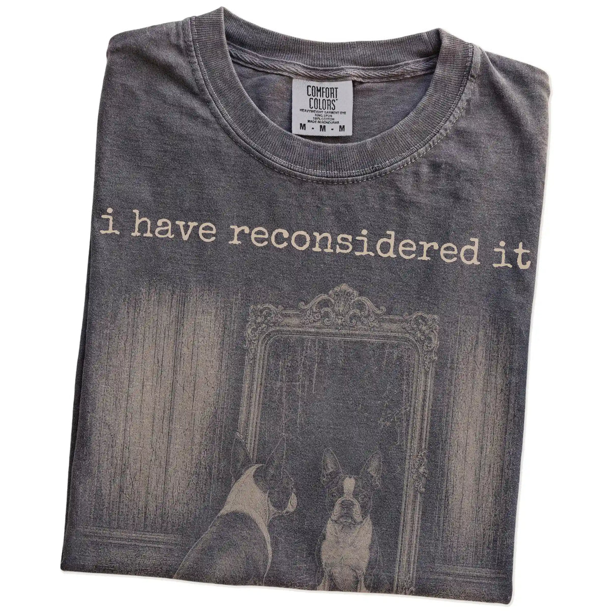 Folded Pepper Comfort Colors® T-shirt showing “the answer is still no” boston terrier design
