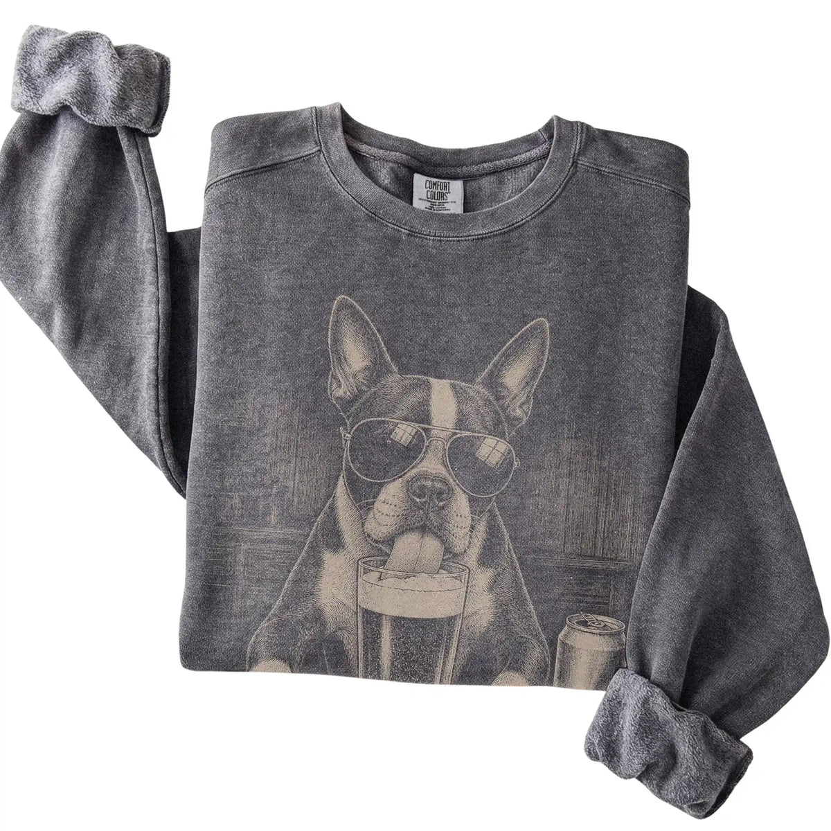 Pepper Boston Terrier drinking from a pint at a bar, folded detail view