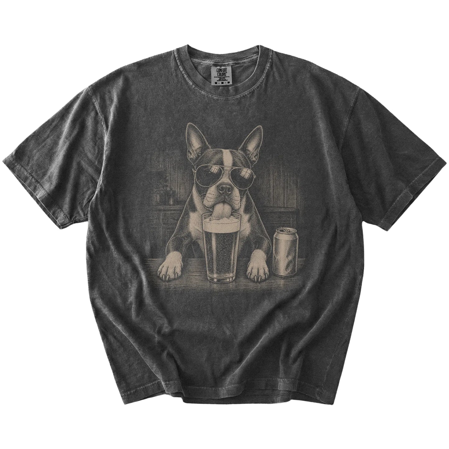 Boston Terrier sneaking a drink from a foamy pint at home on a Pepper Comfort Colors® t-shirt