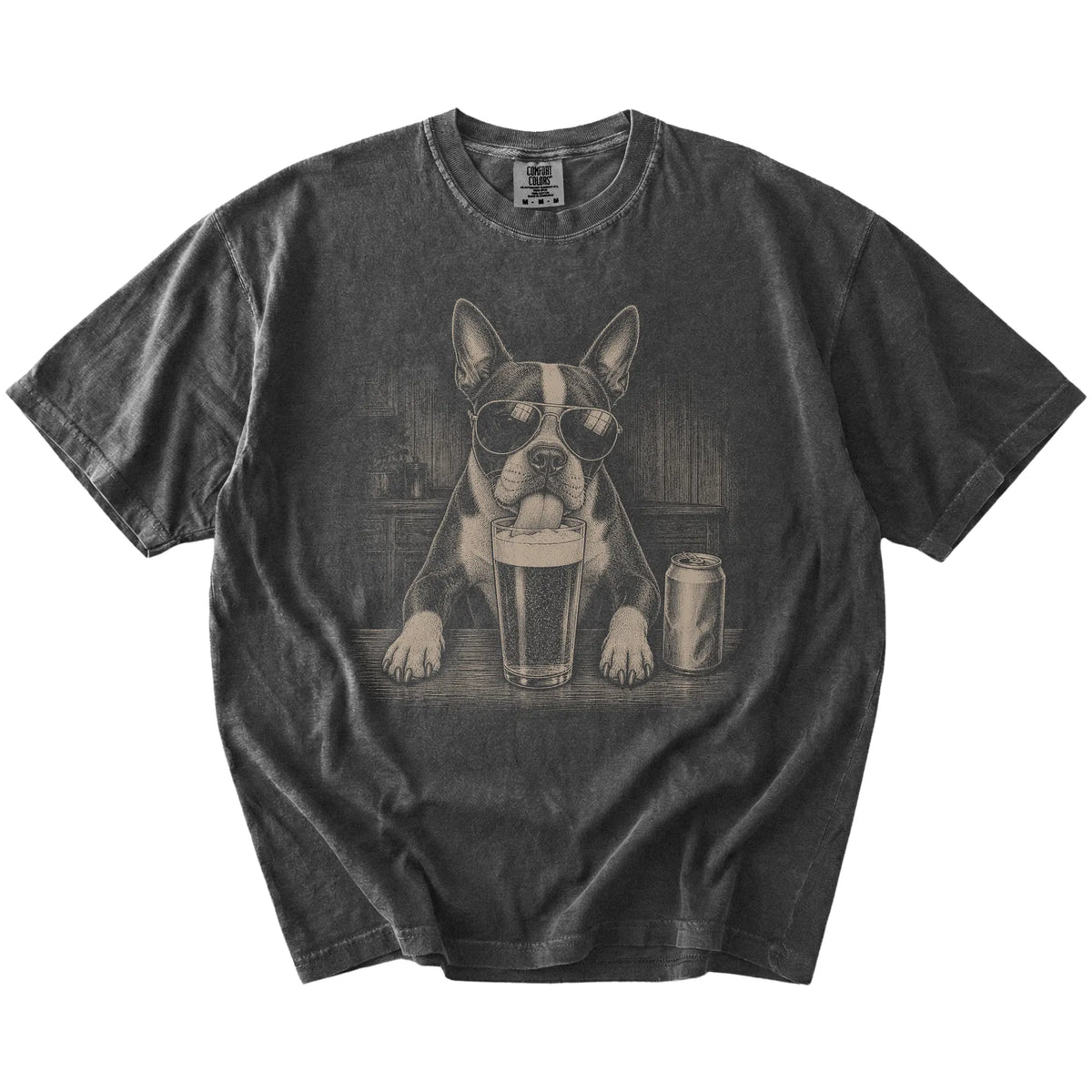 Boston Terrier sneaking a drink from a foamy pint at home on a Pepper Comfort Colors® t-shirt
