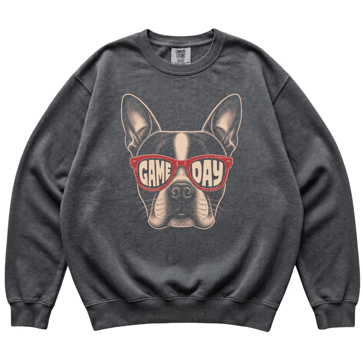 Pepper Boston Terrier Game Day Sunglasses sweatshirt, laid flat