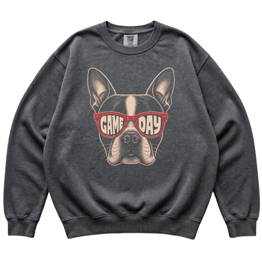 Pepper Boston Terrier Game Day Sunglasses sweatshirt, laid flat