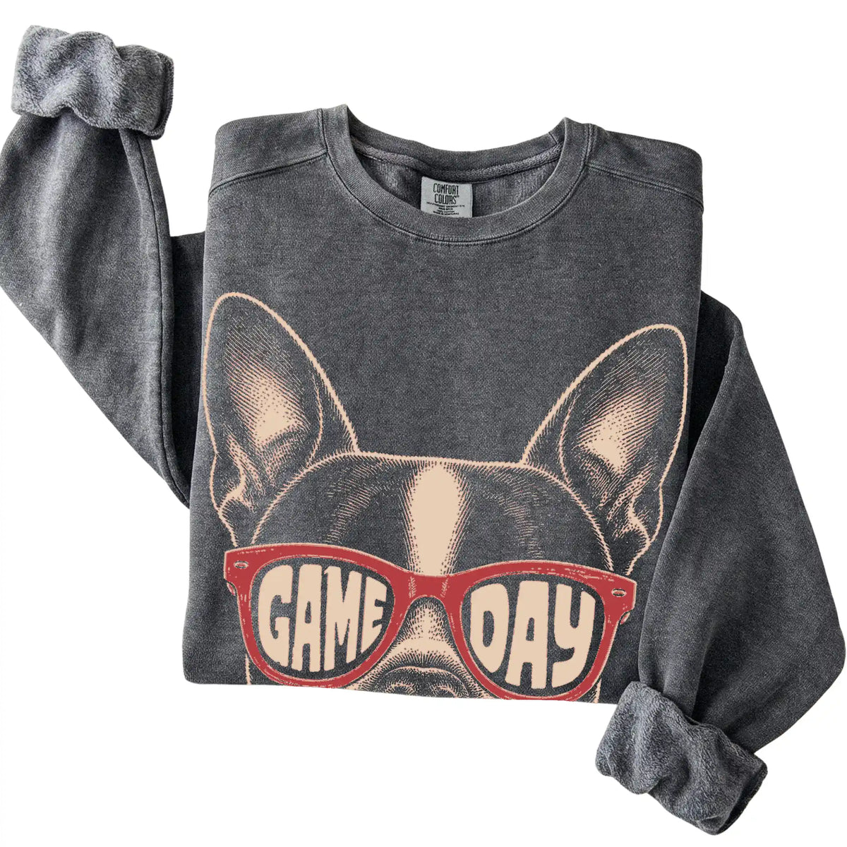 Pepper Boston Terrier Game Day Sunglasses sweatshirt, folded