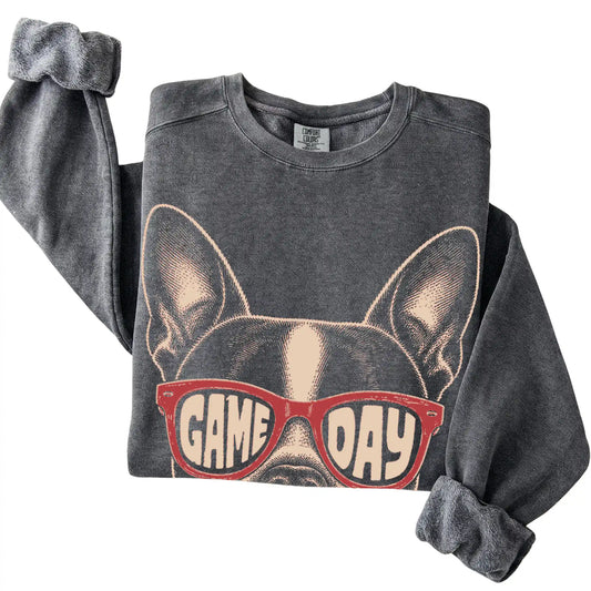 Pepper Boston Terrier Game Day Sunglasses sweatshirt, folded