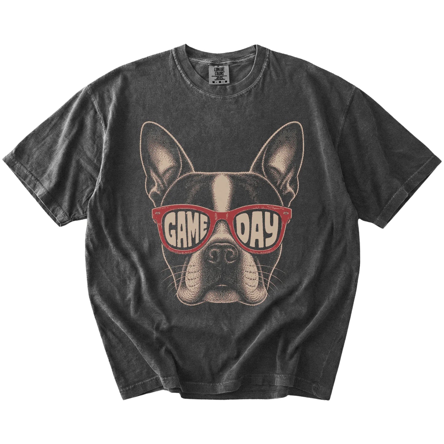 Boston Terrier wearing red Game Day sunglasses on a Pepper Comfort Colors® T-shirt