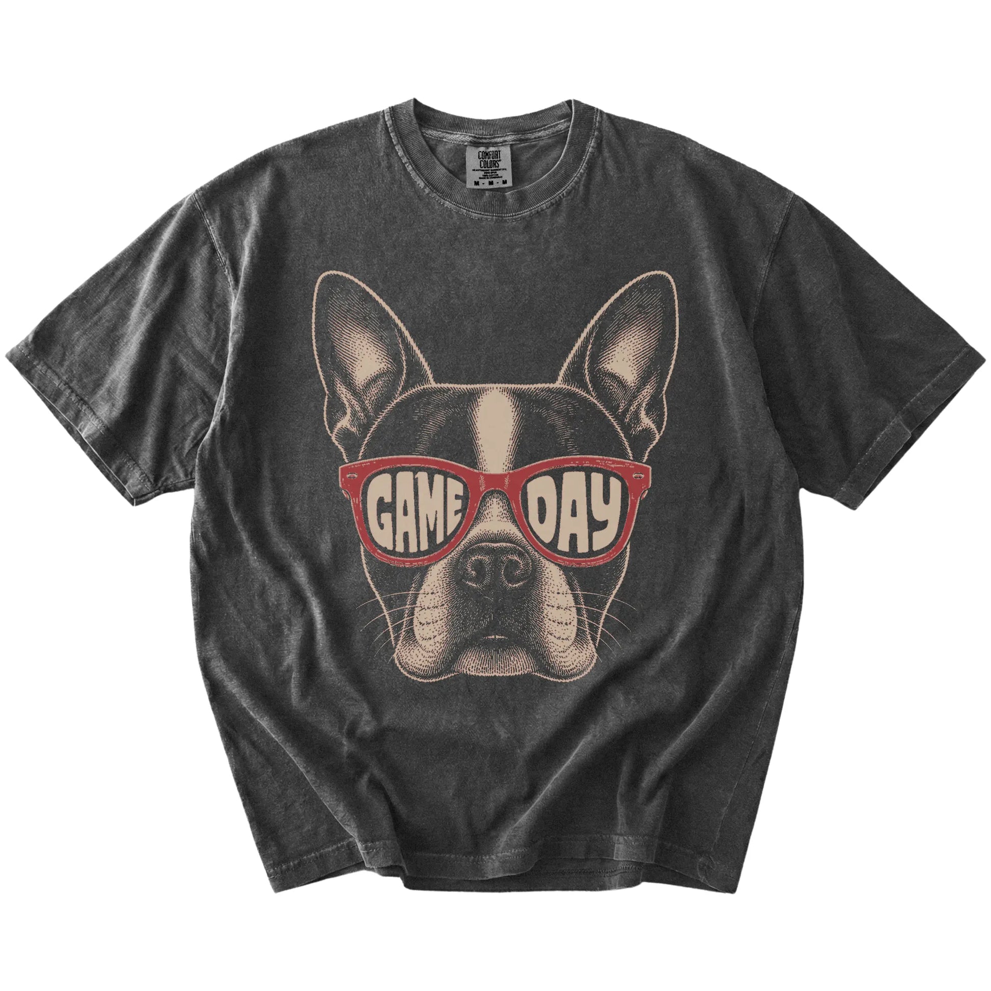 Boston Terrier wearing red Game Day sunglasses on a Pepper Comfort Colors® T-shirt