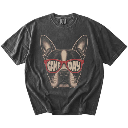 Boston Terrier wearing red Game Day sunglasses on a Pepper Comfort Colors® T-shirt