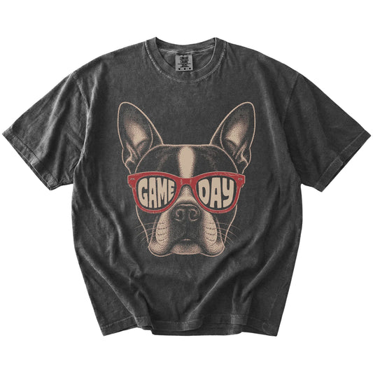 Boston Terrier wearing red Game Day sunglasses on a Pepper Comfort Colors® T-shirt