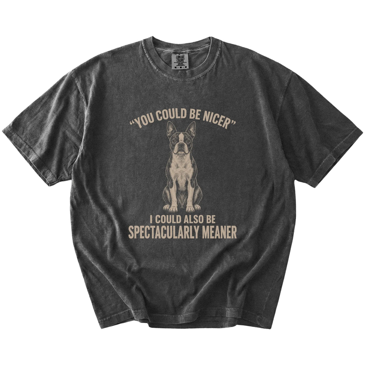 Boston Terrier Guard Dog T-Shirt in Pepper — flat lay