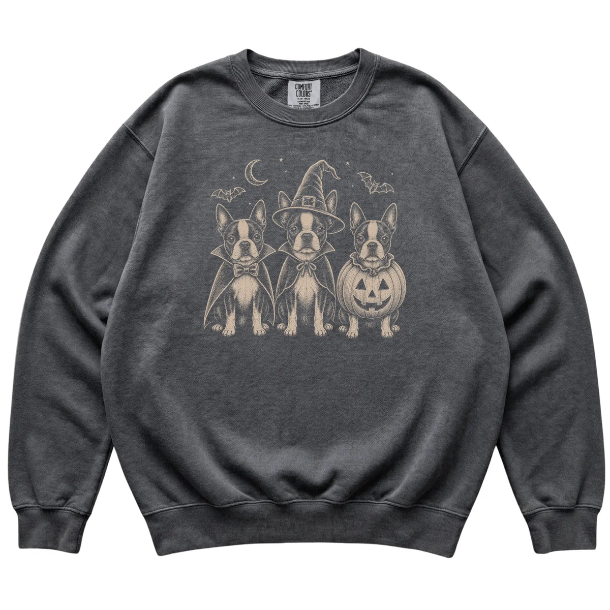 Pepper Boston Terrier Halloween Costume Comfort Colors sweatshirt, flat view