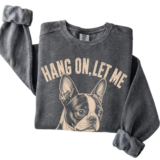 Pepper Comfort Colors sweatshirt featuring Boston Terrier Iced Coffee Overthink, folded presentation