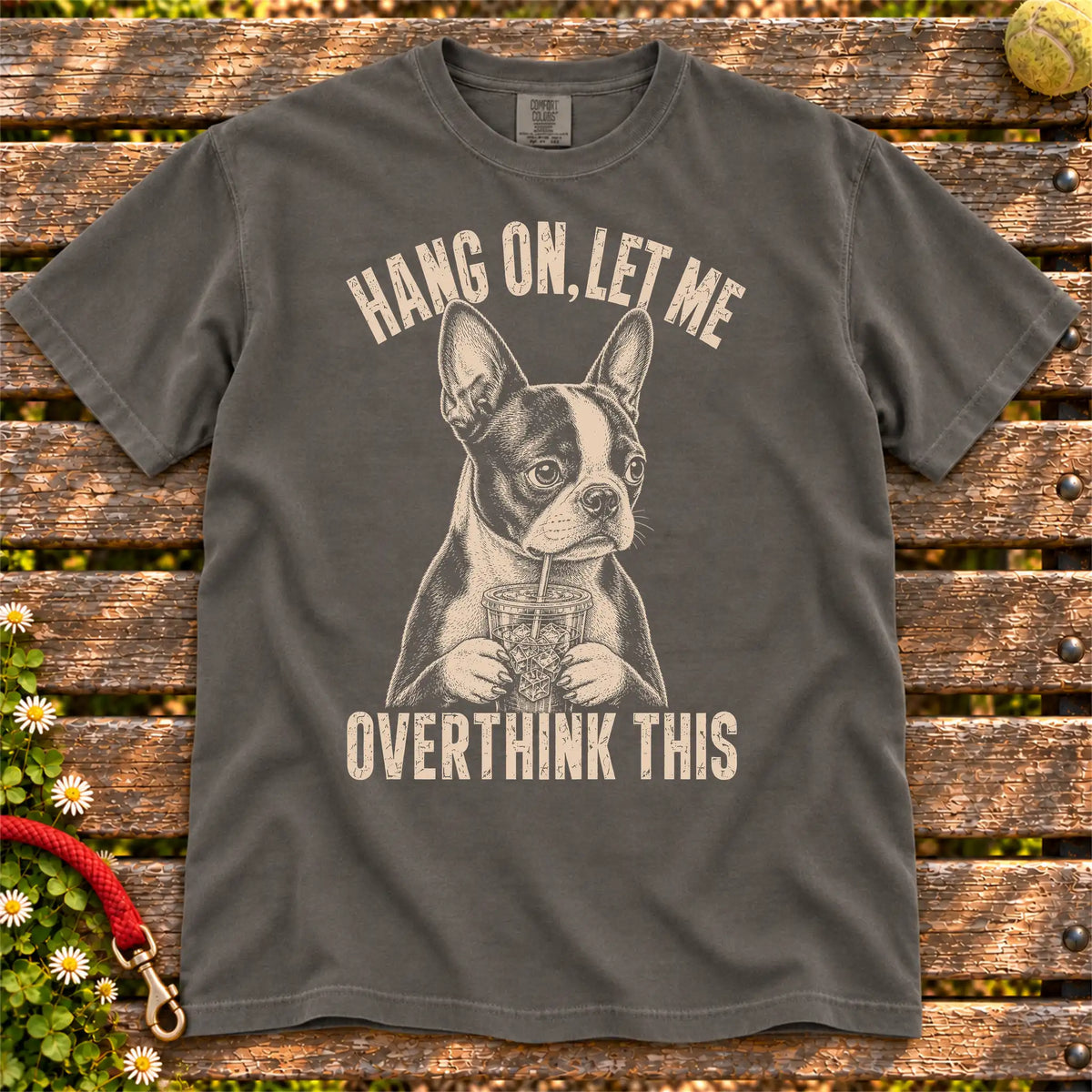 Overthinking Boston Terrier design on a Pepper Comfort Colors T-shirt, shown flat