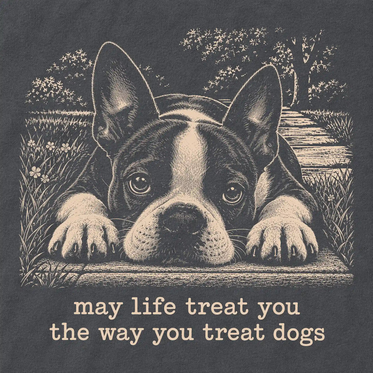 Boston Terrier Karma Comfort Colors sweatshirt in Pepper — Design Detail