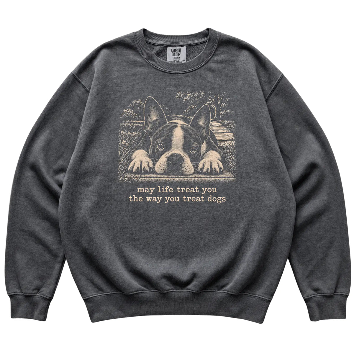 Boston Terrier Karma Comfort Colors sweatshirt in Pepper — Flat Lay