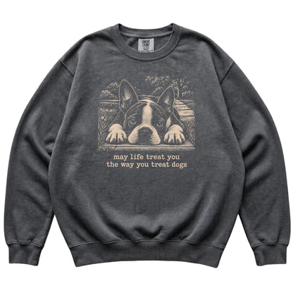Boston Terrier Karma Comfort Colors sweatshirt in Pepper — Flat Lay