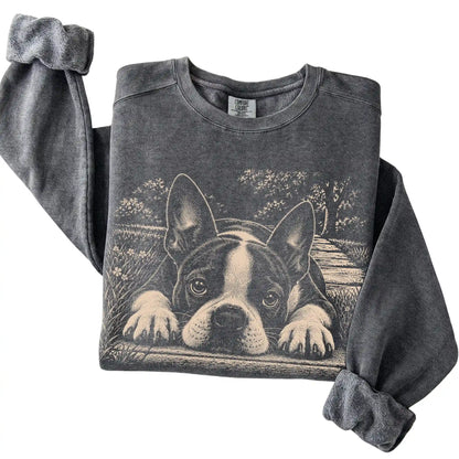 Boston Terrier Karma Comfort Colors sweatshirt in Pepper — Folded Detail