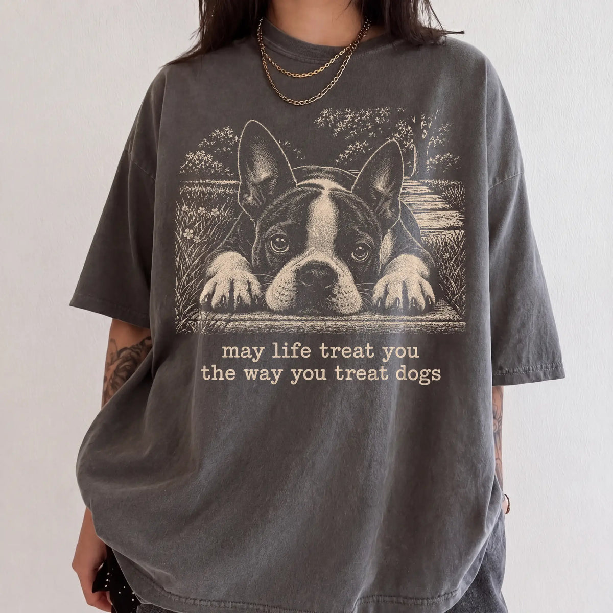Boston Terrier Karma Comfort Colors T-shirt in Pepper — Studio Lifestyle