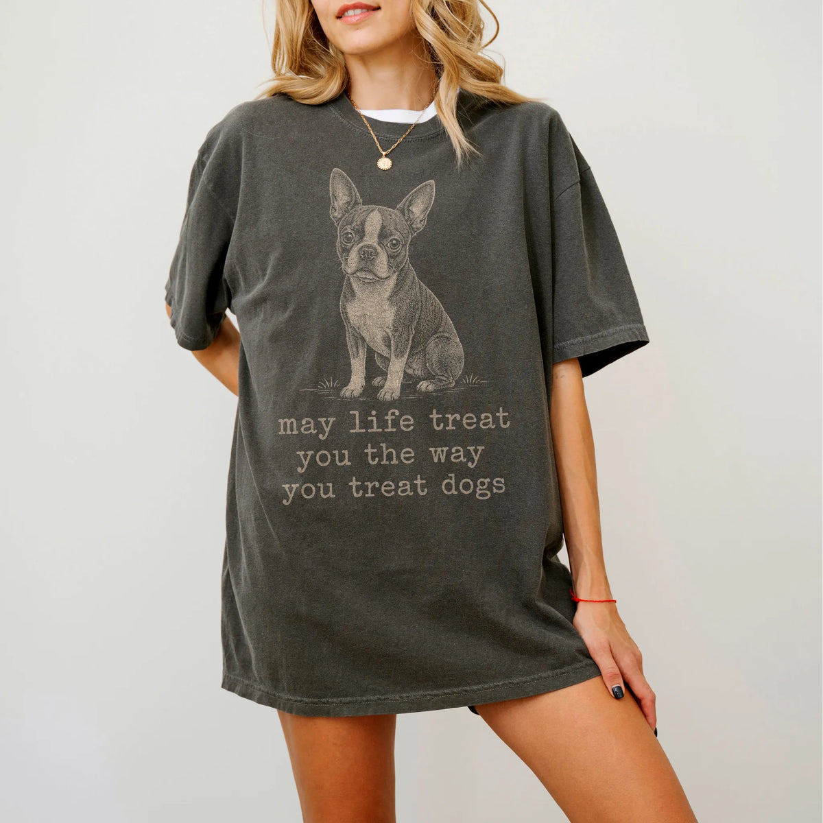 Woman wearing a Pepper Boston Terrier Karma T-Shirt