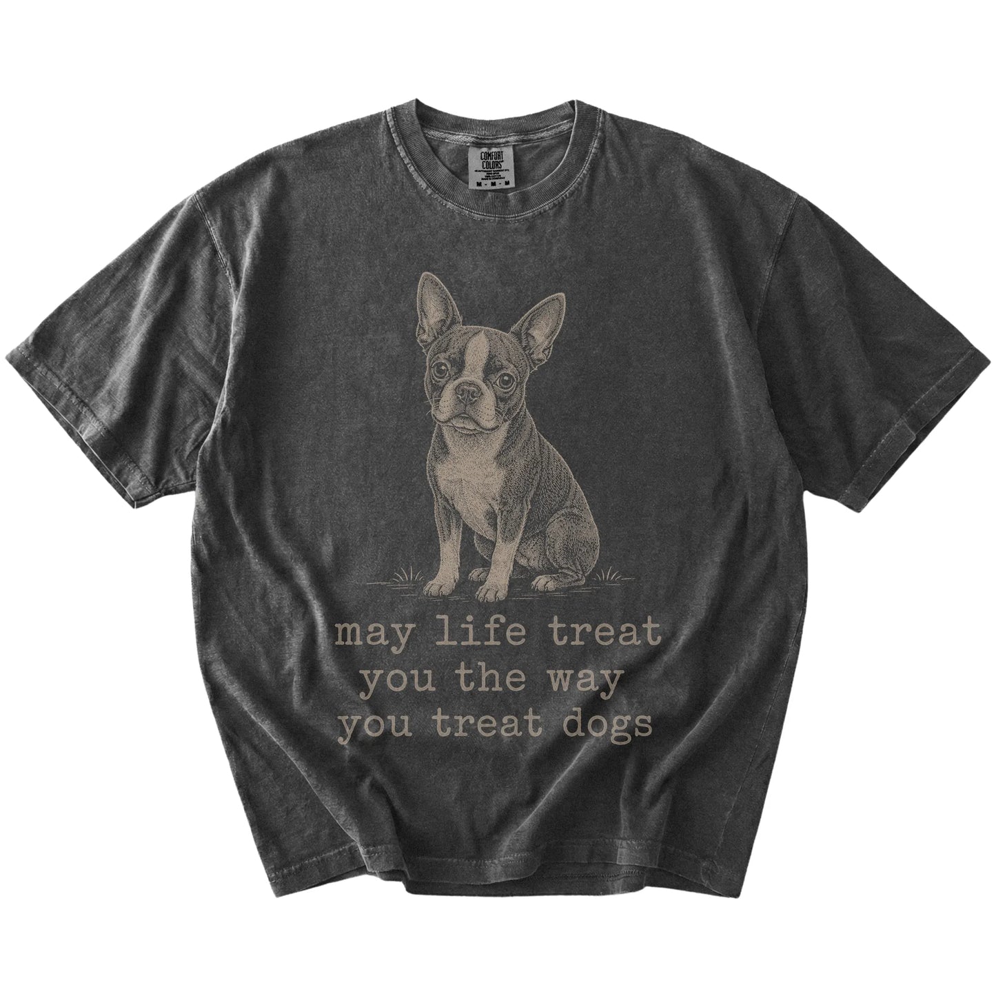 Pepper Boston Terrier Karma T-Shirt laid flat